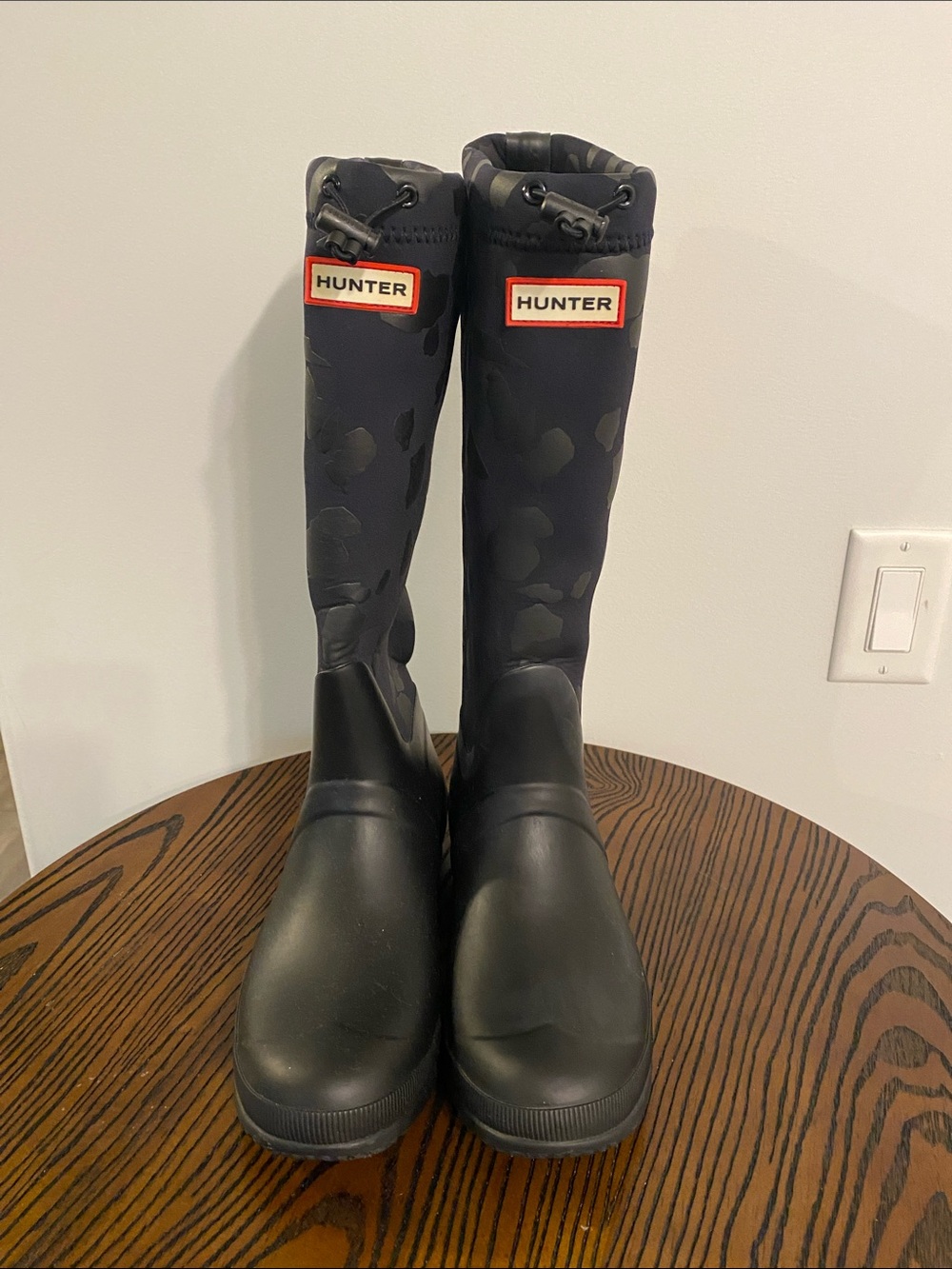 Hunter Black Tall Rain Boots with Subtle Camouflage Pattern